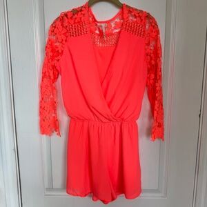 Bright Coral Lace Sleeve Romper